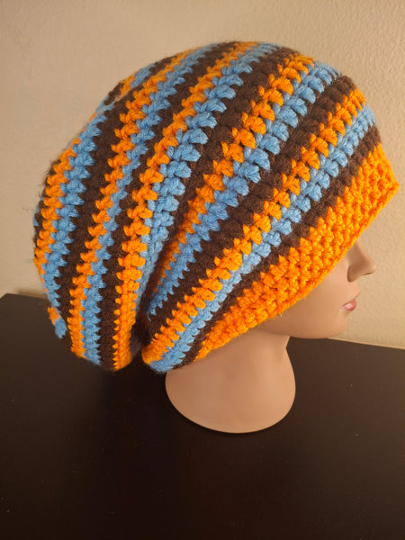 Orange, blue and brown slouch