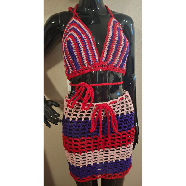 Red Pink and Purple Bikini and Mesh Skirt
