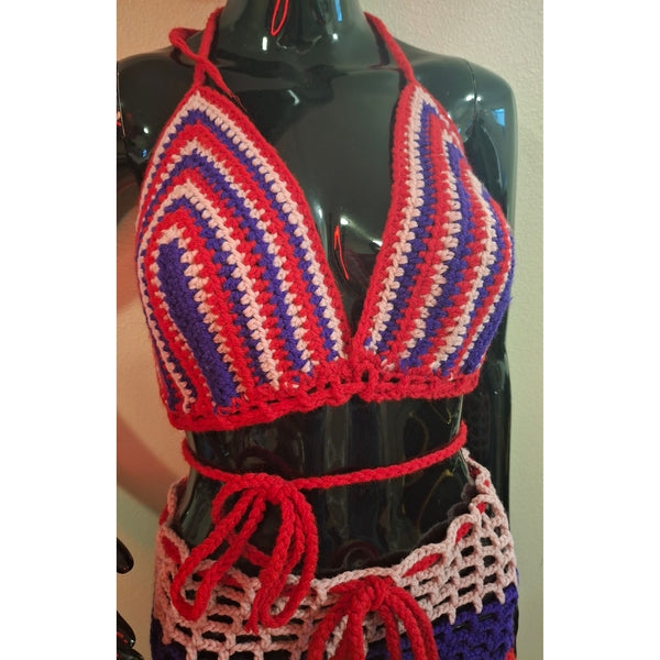 Red Pink and Purple Bikini and Mesh Skirt