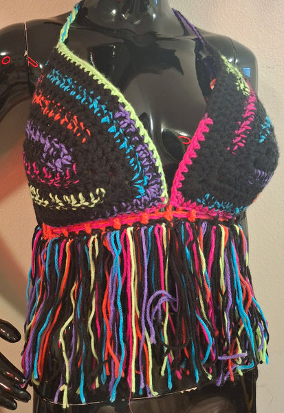 Black and Neon Bikini Top W/fringe