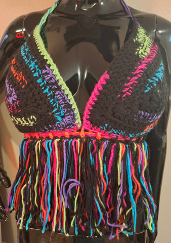 Black and Neon Bikini Top W/fringe